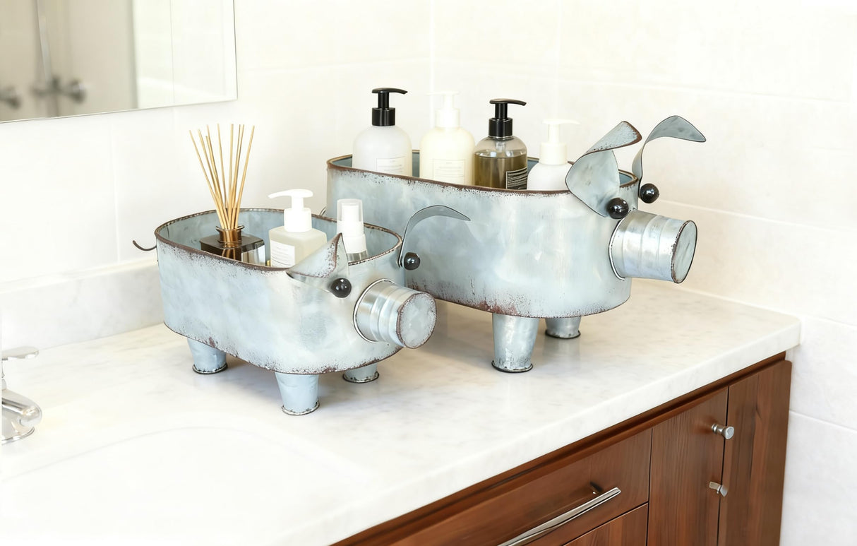 ShabbyDecor Galvanized Metal Pig Bowl Farmhouse Pig Storage Holder for Bathroom Kitchen Living Room Set of 2,Big and Small ShabbyDecor