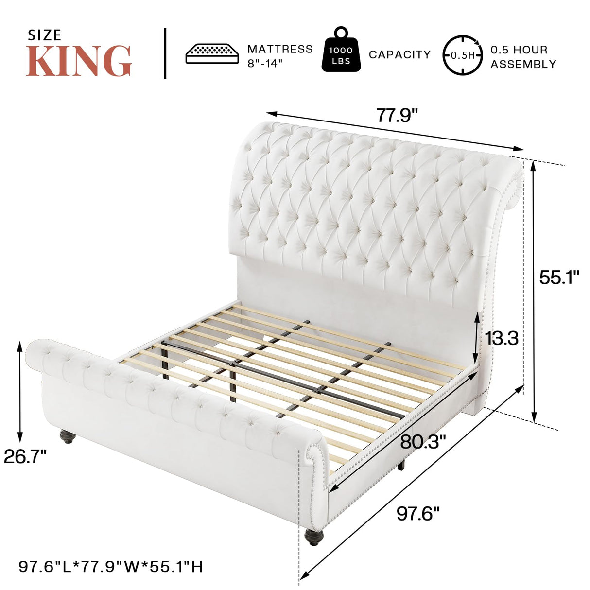 Jocisland King Size Bed Frame, Velvet Upholstered Platform Sleigh Bed with Scroll Headboard & Footboard, Button Tufted, No Box Spring Needed, White Jocisland