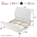 Jocisland King Size Bed Frame, Velvet Upholstered Platform Sleigh Bed with Scroll Headboard & Footboard, Button Tufted, No Box Spring Needed, White Jocisland