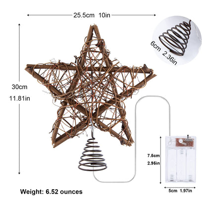 Rattan Natural Star Christmas Tree Topper - Rustic Farmhouse Xmas Treetop with 50 Warm LED Lights for Indoor Christmas Tree Decorations Holiday Seasonal Decor