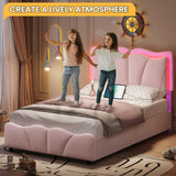 FORABAMB Twin Bed Frame with 4 Drawers, Upholstered LED Bed Frame with Adjustable Flowers Headboard, Platform Bed Frame Twin Size with Wooden Slats Support, No Box Spring Needed, Pink FORABAMB