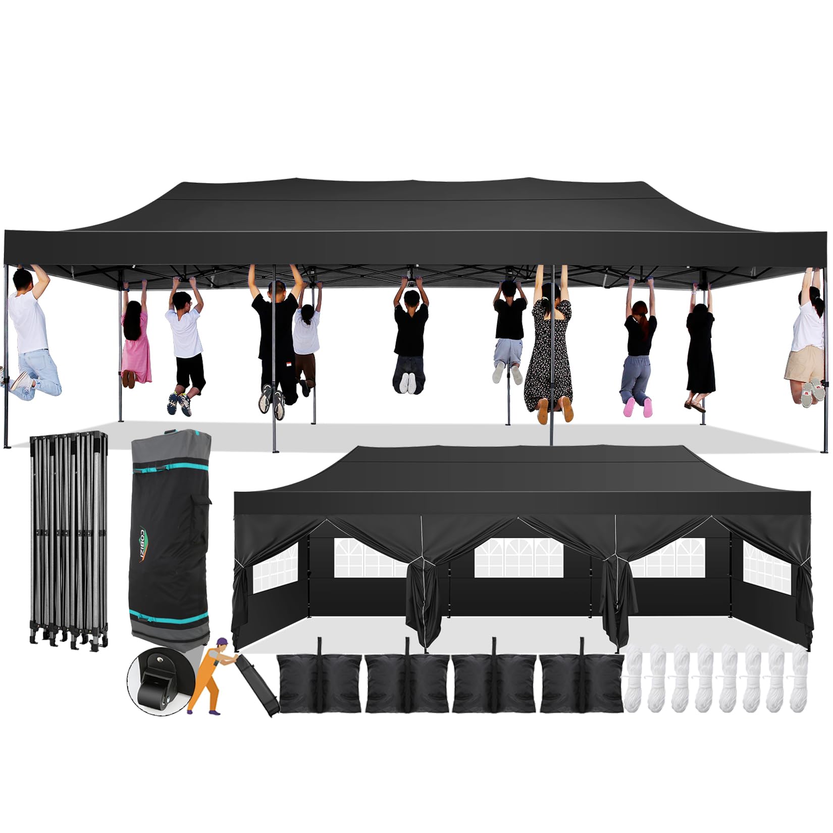 COBIZI 10x30 Pop Up Canopy with 8 Sidewall,Heavy Duty Canopy UPF 50+ All Season Wind Waterproof Commercial Outdoor Wedding Party Tents for Parties Canopy Gazebo with Roller Bag(10 x 30 ft Bla - WoodArtSupply