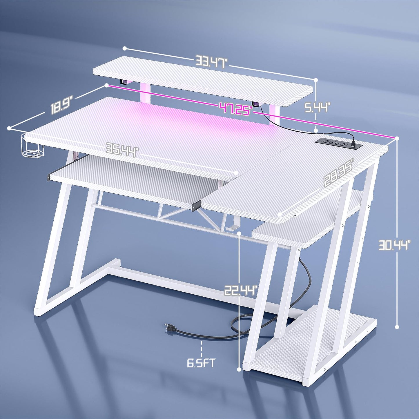 armocity L Shaped Gaming Desk with LED Lights and Outlets, White PC Gaming Desk with Monitor Stand and Shelves, Reversible Gaming Computer Desk with Keyboard Tray & Z-Shape Legs, 47" - WoodArtSupply