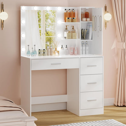 usikey Makeup Vanity with Lights, Vanity Desk with Mirror and 10 LED Lights, Vanity Table Set with 4 Drawers, Cabinet & 4 Necklace Hooks, Dressing Table for Bedroom, White - WoodArtSupply