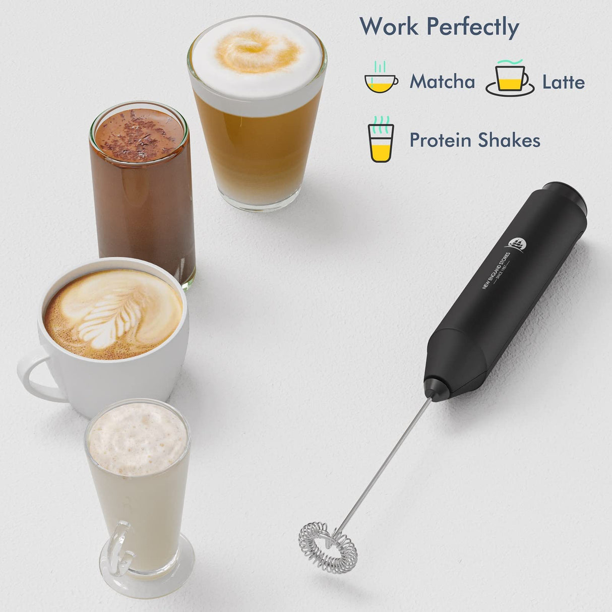 Powerful Milk Frother Wand - Mini Handheld Milk Frother with Stainless Steel Whisk - Battery-Powered Drink Mixer for Coffee, Lattes, Cappuccinos, Matcha - Coffee Enthusiasts Gift - Black New England Stories