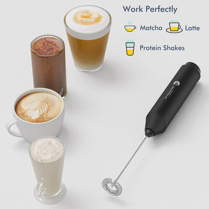 Powerful Milk Frother Wand - Mini Handheld Milk Frother with Stainless Steel Whisk - Battery-Powered Drink Mixer for Coffee, Lattes, Cappuccinos, Matcha - Coffee Enthusiasts Gift - Black