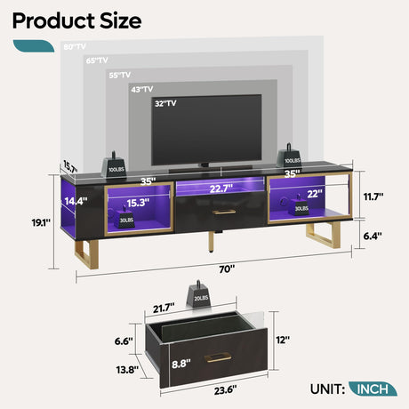 Bestier 70 Inch TV Stand with LED Lights for 75 Inch TV, Entertainment Center with Open Storage and Half-Glass Design Drawer, Modern High Gloss TV Console Table for Living Room, Black and Gold Bestier