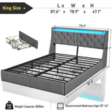 SADENICEL King Size Bed Frame with Storage Headboard, Metal Platform Bed Frame King with 4 Drawer, LED Light, Charging Station, No Box Spring Needed, Noise Free, Easy Assembly, Grey SADENICEL