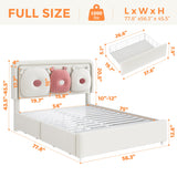 Full Boucle Upholstered LED Bed Frame with Storage Drawer and Adjustable Chic Double Arc Headboard, Princess Platform Cloud Bed with Backrest, Heavy Duty Metal Support, No Box Spring Needed, White Jocoevol