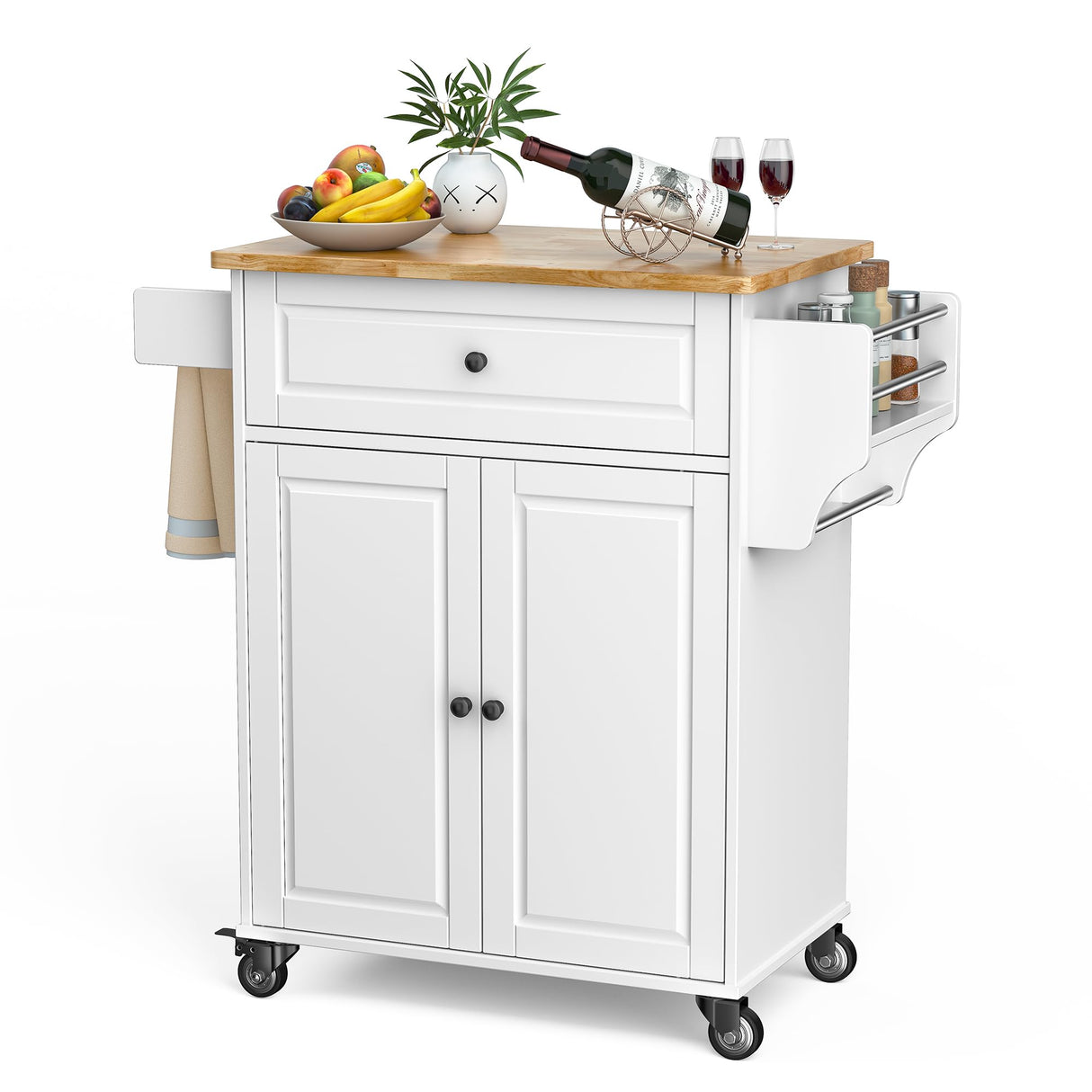 Gizoon White Kitchen Island Cart with Adjustable Shelves, Drawer, and Movable Wheels Gizoon