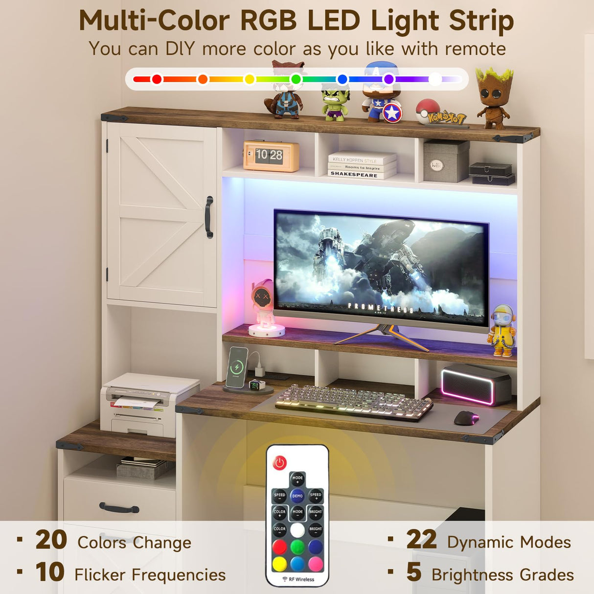 Farmhouse Executive Desk 51" Computer Desk with 2 Drawers Storage Cabinet and RGB LED Lights Power Outlets, Wood Home Office Desk with Hutch and Monitor Stand for Work Study Writing Halitaa