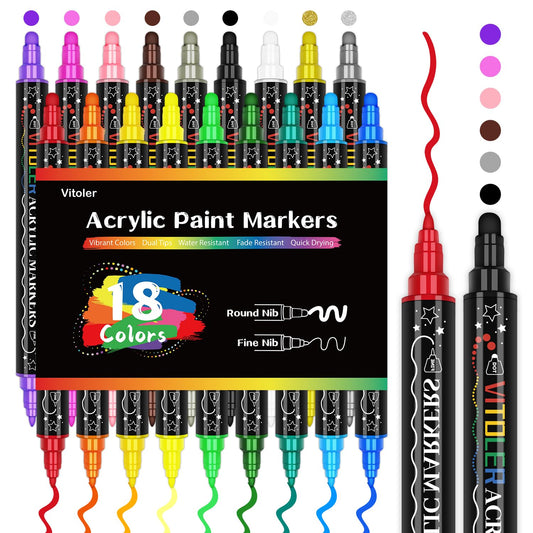 Vitoler Acrylic Paint Markers,18pcs Dual Tip Acrylic Paint Set,Acrylic Paint Marker Pens with Brush Tip and Dot Tip for Painting Rock Diy Crafts Art Supplies