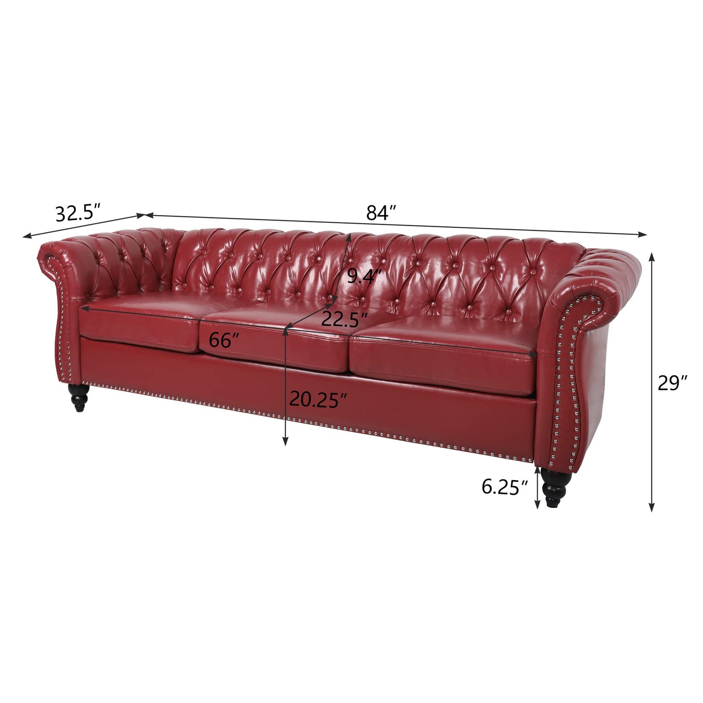 AVZEAR Leather Sofa 3 Seater Couch, Large Sofa Furniture Roll Arm Classic Tufted Chesterfield Settee Leather Sofa with Channel Tufted Seat Back for Living Room, Claret