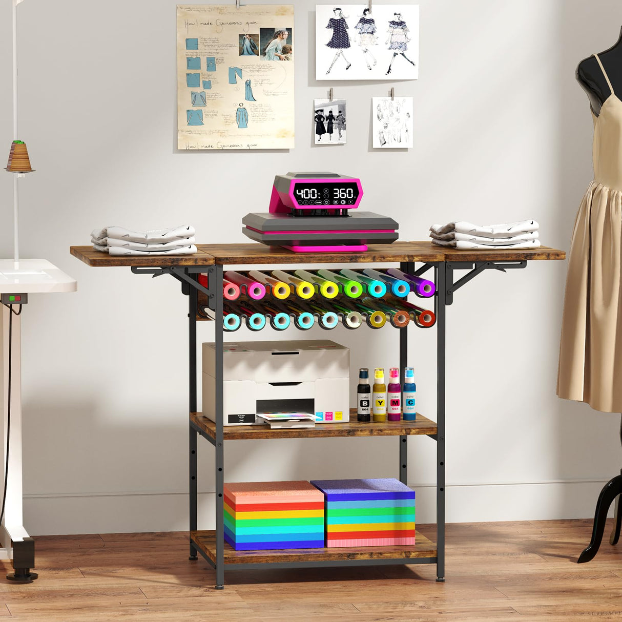 EasyCom 19.7"x46.5" Heat Press Table with 18 Vinyl Roll Holders, Adjustable Height 3 Tier Heat Transfer Machine Stand with Wheels, Foldable Crafting Table for DIY Sublimation Transfer Machine EasyCom