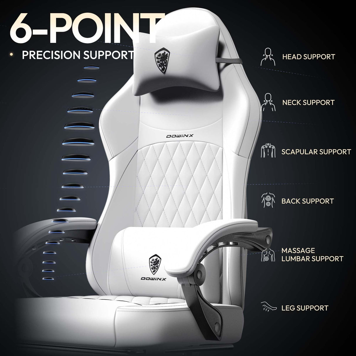 Dowinx Gaming Chair with Pocket Spring Cushion, Ergonomic Computer Chair with Massage Lumbar and Footrest for Adults, High Back Game Chair Leather for Office Gaming 300LBS, All White Dowinx