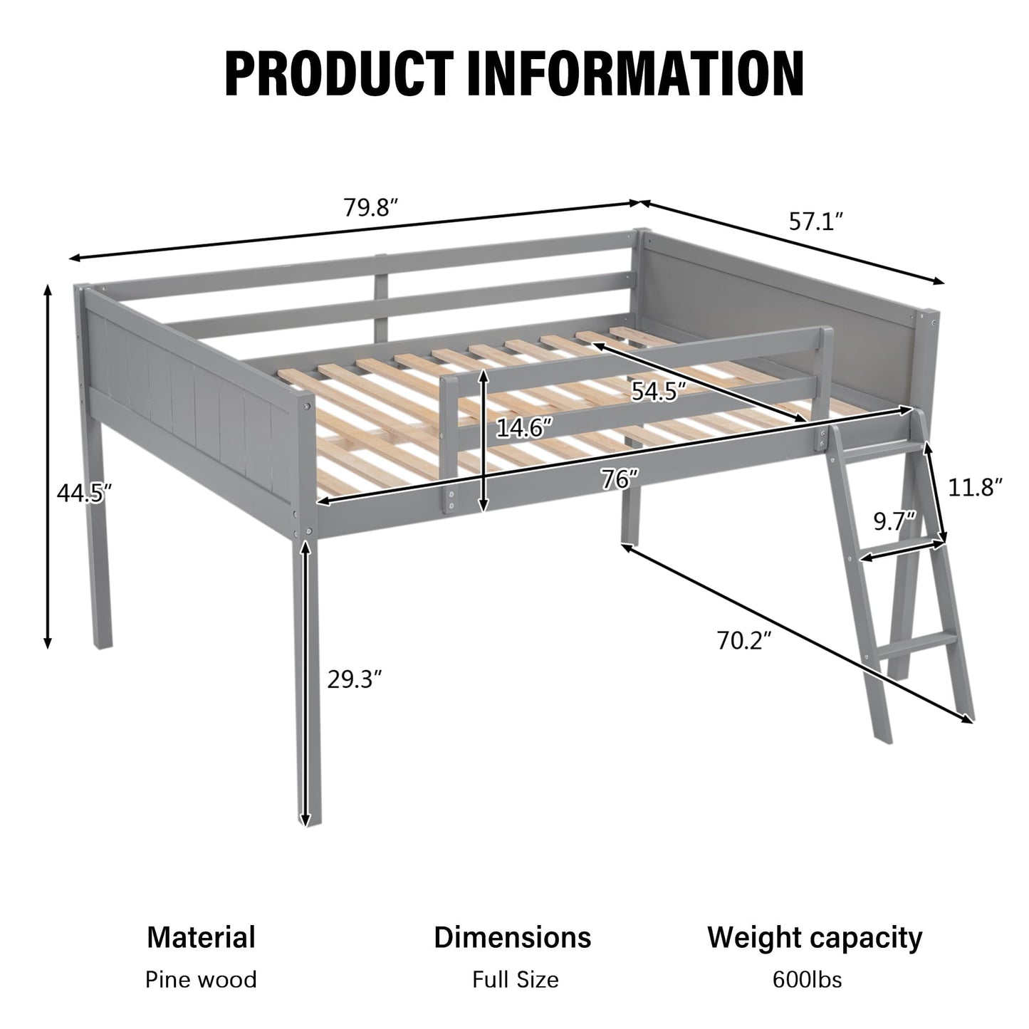 Merax Grey Low Loft Bed with Convertible Ladder and Full Guardrail, No Box Spring Needed - WoodArtSupply