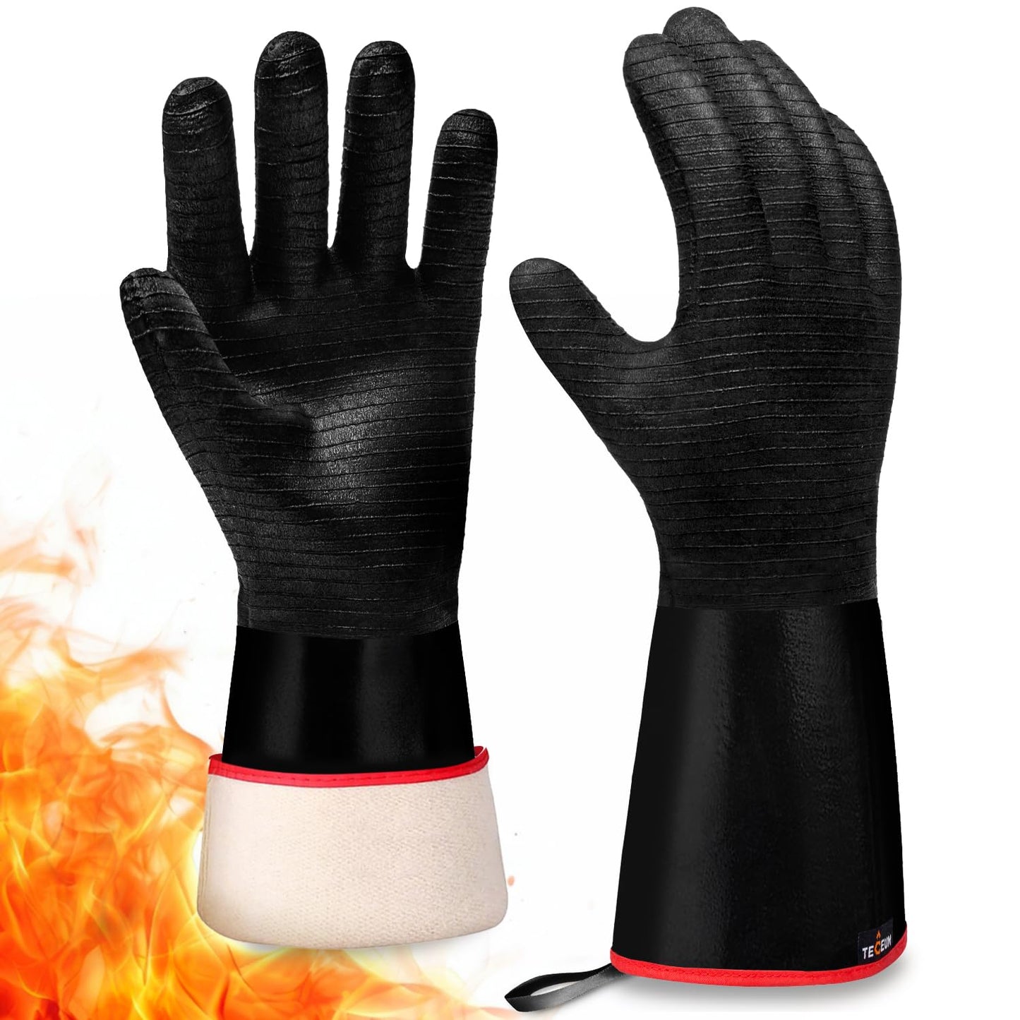 TECEUM BBQ Grill Gloves – Extreme Heat Resistant 1472 F – Extra Long Sleeve Protection – Non Slip Grip Oven Gloves for Barbecue, Grilling, Cooking, Smoking, Deep Frying, Rotisserie – XL Size