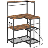 HOOBRO Bakers Rack with Power Outlet, 4-Tier Corner Microwave Stand with Storage, Coffee Bar with 8 S-Shaped Hooks, Kitchen Shelf Rack, 2 Installation Methods, Rustic Brown and Black BF20UHB01 HOOBRO