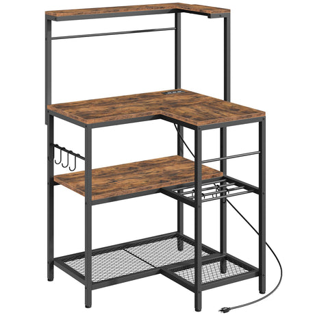 HOOBRO Bakers Rack with Power Outlet, 4-Tier Corner Microwave Stand with Storage, Coffee Bar with 8 S-Shaped Hooks, Kitchen Shelf Rack, 2 Installation Methods, Rustic Brown and Black BF20UHB01 HOOBRO