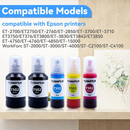 Tiampuk 5 Pack T502 502 Ink Refill Bottles for Ecotank ET-4850 ET-4760 ET2750 ET-3760 ST-4000 ET-15000 ET-2850 ST-2000 ET-3710 ET-3850 ET-3750 ET-3830 ET4750 ET3700 ST3000 ET2700 ET2760 Printer