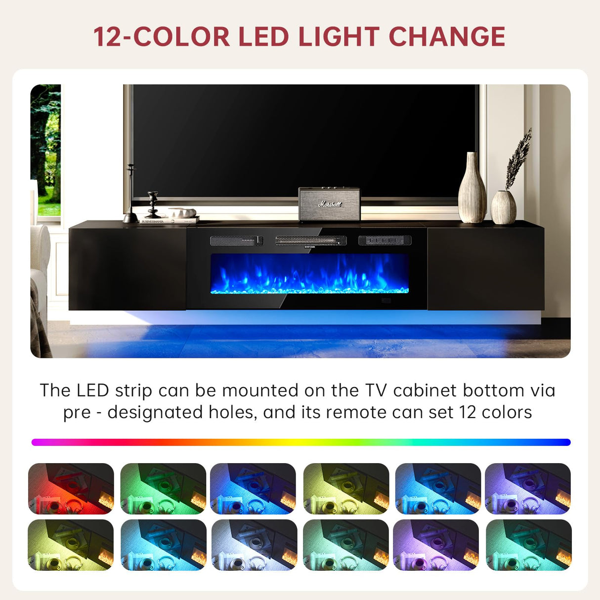 oneinmil 70" Floating TV Stand with 36" Electric Fireplace, Wall Mounted Fireplace Entertainment Center with Storage, Fire Place TV Console with, All Black oneinmil