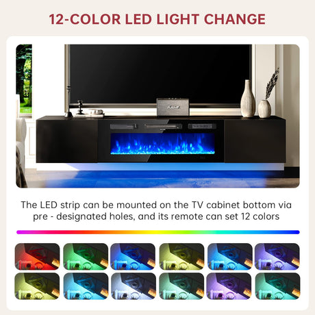 oneinmil 70" Floating TV Stand with 36" Electric Fireplace, Wall Mounted Fireplace Entertainment Center with Storage, Fire Place TV Console with, All Black oneinmil