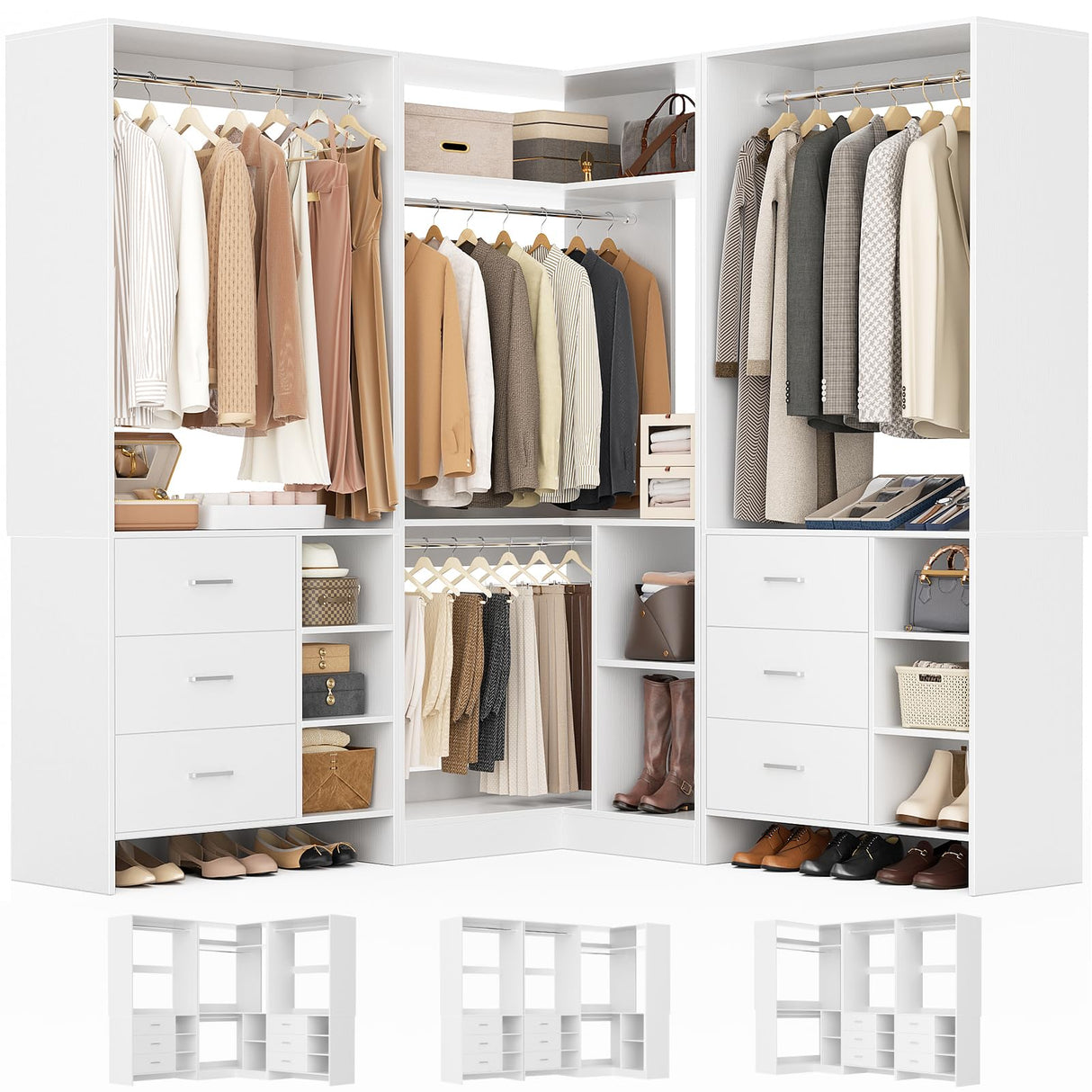 Aheaplus Closet System with 6 Drawers, 4 Hanging Rods & Corner Tower, Corner Closet System with Hanging, 92.6" L-Shaped Walk-In Wardrobe Organizer, 2000+ lbs Capacity, Set of 3, White Aheaplus