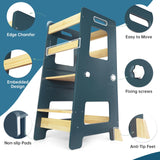 WOOD CITY Kitchen Step Stool - Safe Montessori Standing Tower for Kids with Safety Rail, Height Adjustable Toddler Ideal Helper for Learning New Skills, Anti-Slip Protection for Bathroom - Deep Blue WOOD CITY