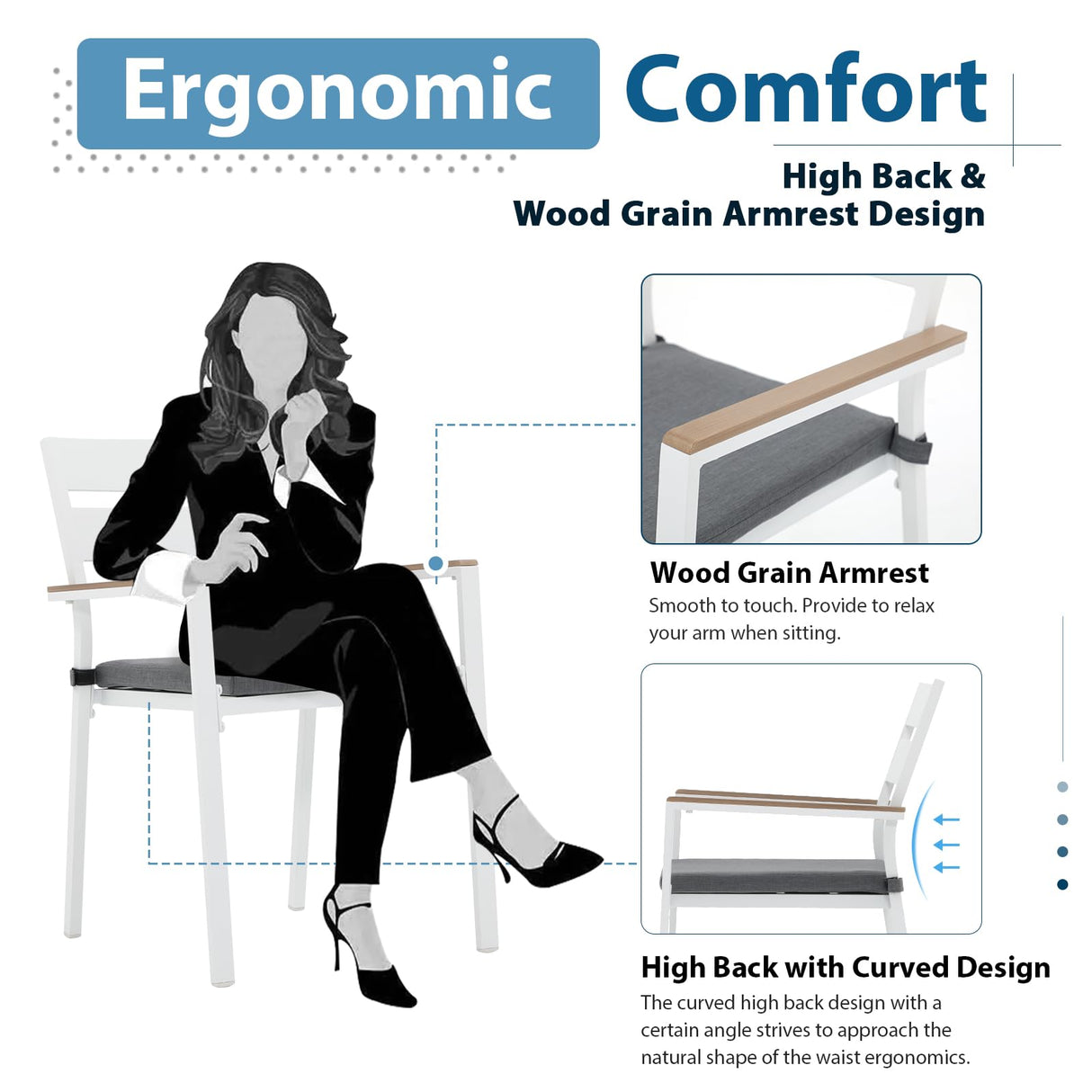 JOIVI 5 Piece Outdoor Dining Set, Aluminum Patio Furniture Dining Table and Stackable Chairs Set for 4 People, Wood Grain Tabletop with 2.05” Umbrella Hole, for Deck, Backyard, Gray Cushions JOIVI