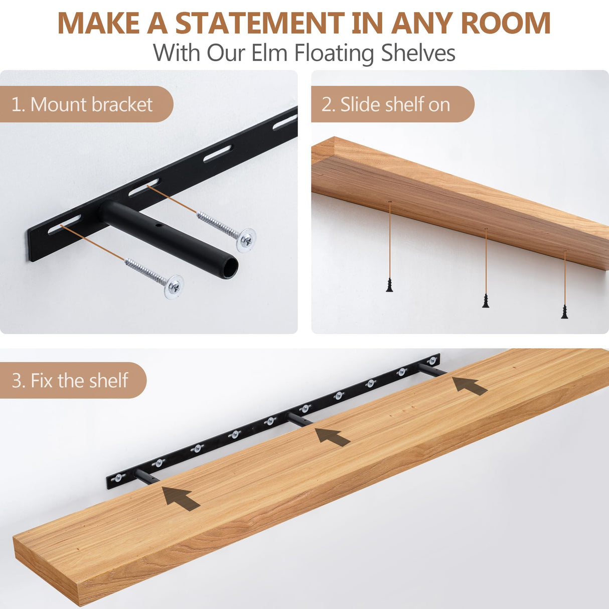 48 Inch Fireplace Mantel Shelf, USA-Sourced Rustic Elm Wood Floating Shelves Wall Mounted, Wall Shelves with Invisible Bracket for Living Room Bathroom Bedroom Kitchen, Set of 1 (Natural, 48"x 8") Fun Memories