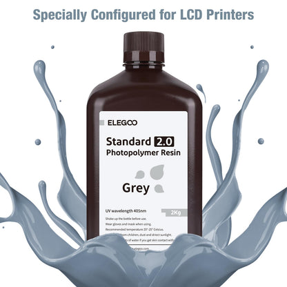 ELEGOO Upgraded Standard 3D Printer Resin, Photopolymer 405nm UV Curing Resin 2.0 for LCD/DLP 3D Printing Grey 2KG