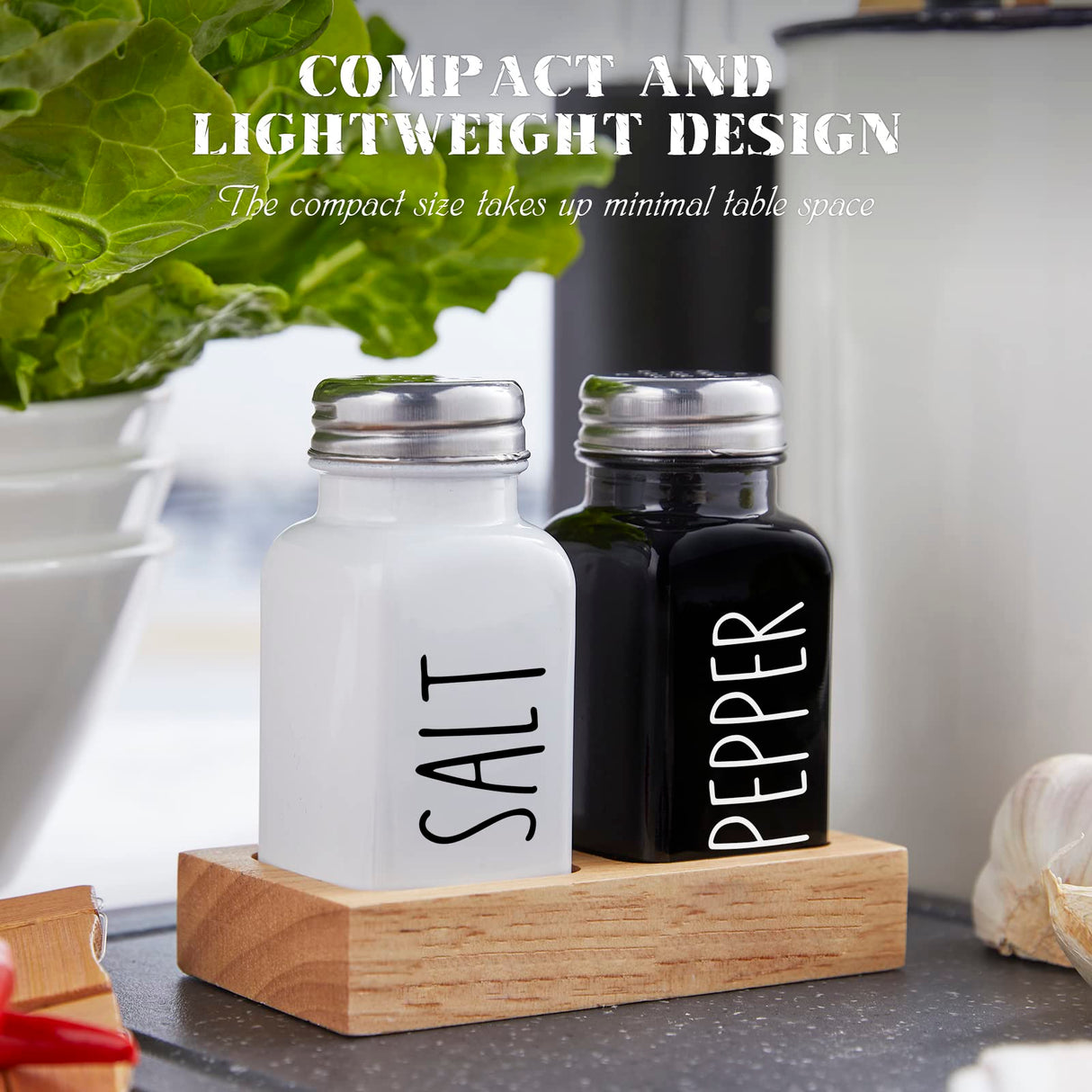 Salt and Pepper Shakers Set with Holder - Dopeca Glass Salt Shaker with Wood Caddy for Kitchen Counter or Table - Black and White Kitchen Decor and Wedding Gifts -2.7 oz dopeca