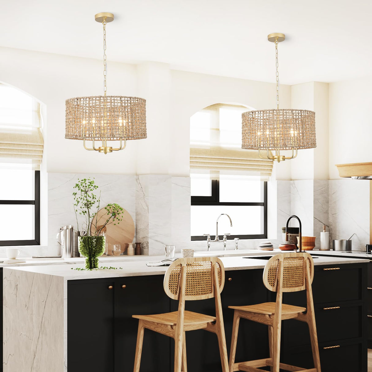 Rattan Woven Boho Chandelier Light Fixture for Dining Room 5 Light, 18.8'' Gold Hand Woven Drum Wicker Light Fixture Ceiling Hanging, Coastal Rattan Pendant Light for Living Room Entryway Bedroom Xurihuihuang