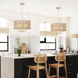Rattan Woven Boho Chandelier Light Fixture for Dining Room 5 Light, 18.8'' Gold Hand Woven Drum Wicker Light Fixture Ceiling Hanging, Coastal Rattan Pendant Light for Living Room Entryway Bedroom Xurihuihuang
