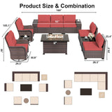 ALAULM 10 Pieces Patio Furniture Set with 2 Swivel Chairs Patio Furniture Outdoor Sectional Sofas with 55000 Gas Fire Pit Patio Conversation Set w/7 Cushions-Red ALAULM