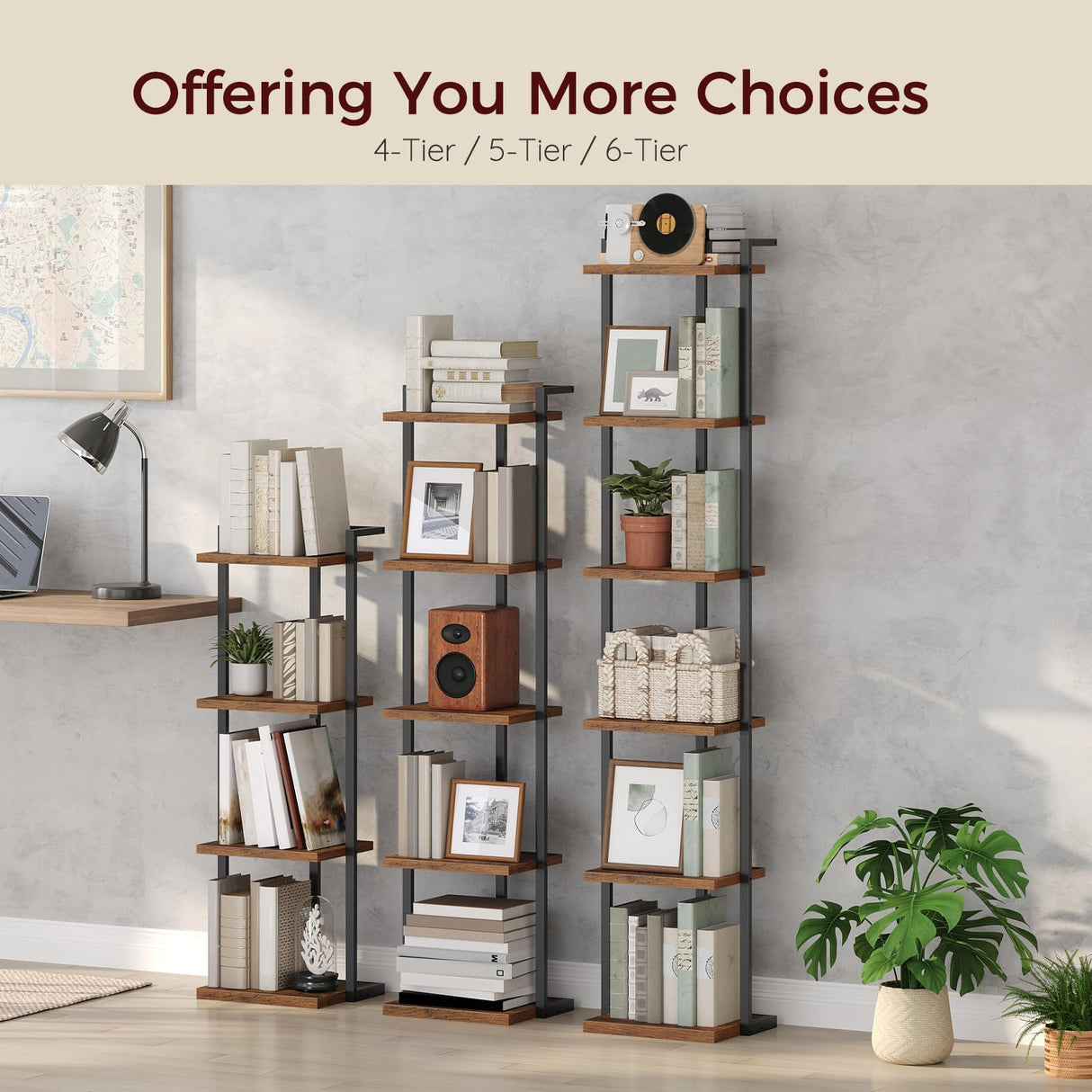 MAHANCRIS Bookshelf, 6-Tier Bookcase, Vertical Tall Narrow Book Shelf for Small Space, Open Storage Display Shelf with Stable Base & Anti-Tip Kits, for Living Room, Study, Rustic Brown BKHR11601 MAHANCRIS