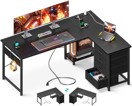 AODK L Shaped Gaming Desk with 4 Drawers, 53" Reversible Home Office Desks with Power Outlets, L Shaped Computer Desk with USB Charging Port and Host Stand, Corner Desk, Easy to Assemble, Black AODK