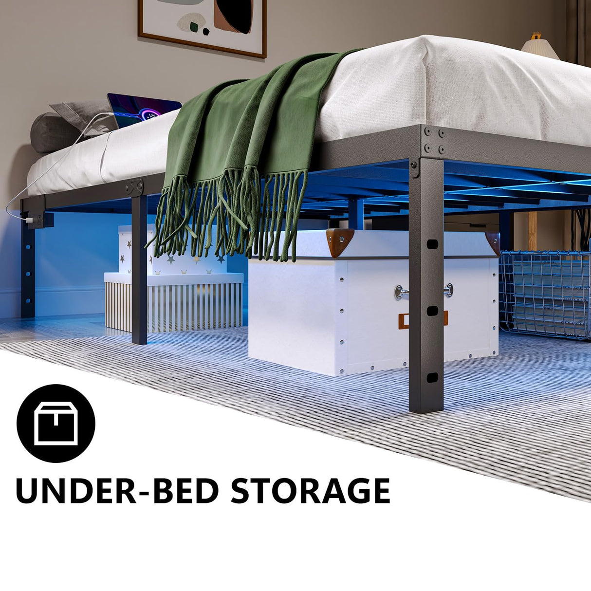 HAVONIZD Full Bed Frame with LED Lights & Charging Station - 18 Inch Heavy Duty Metal Platform Bed Frame No Box Spring Needed, Easy Assembly, No Noise HAVONIZD