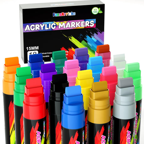 FansArriche Acrylic Paint Markers, 15mm Jumbo Felt Tip, 18 Colored Waterproof and Permanent Paint Pens for Tagging, Signs, Calligraphy, and Outdoor Paintings FansArriche