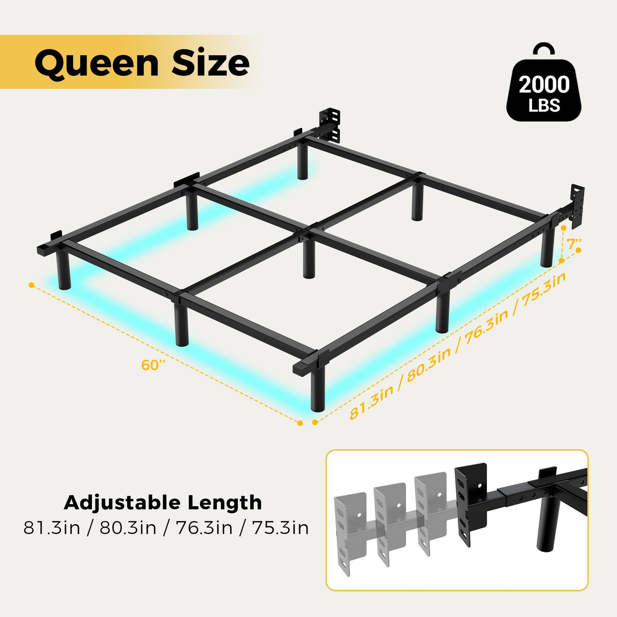 Awesofurni Queen Bed Frame with Smart LED Lights, 7 Inch Basics Metal Bed Frame, Heavy Duty 9-Leg Base for Box Spring and Mattress, Noise-Free, Easy Assembly, Black Awesofurni