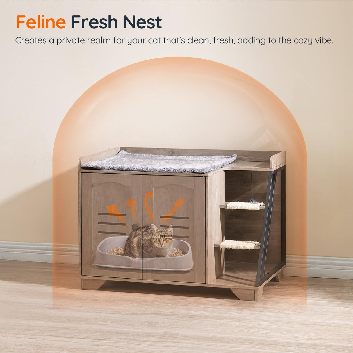 HOOBRO Cat Litter Box Enclosure with Ladder, Hidden Litter Box Furniture with Rechargeable 3-Color LED, Plush, Teaser Balls, 31.5" L x 18.9" W x 22.4" H, All-in-One, Black and Greige BG48MW01G1 HOOBRO