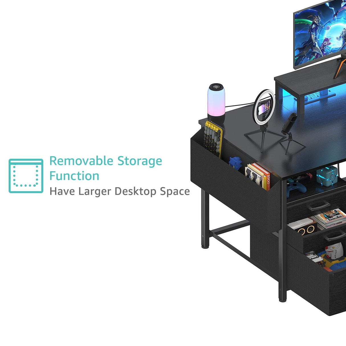 Lufeiya Gaming Desks with Led Lights and Power Outlets, 55 Inch Computer Desk with File Drawers Cabinet, Home Office Desk with Shelves Monitor Stand, Black Lufeiya