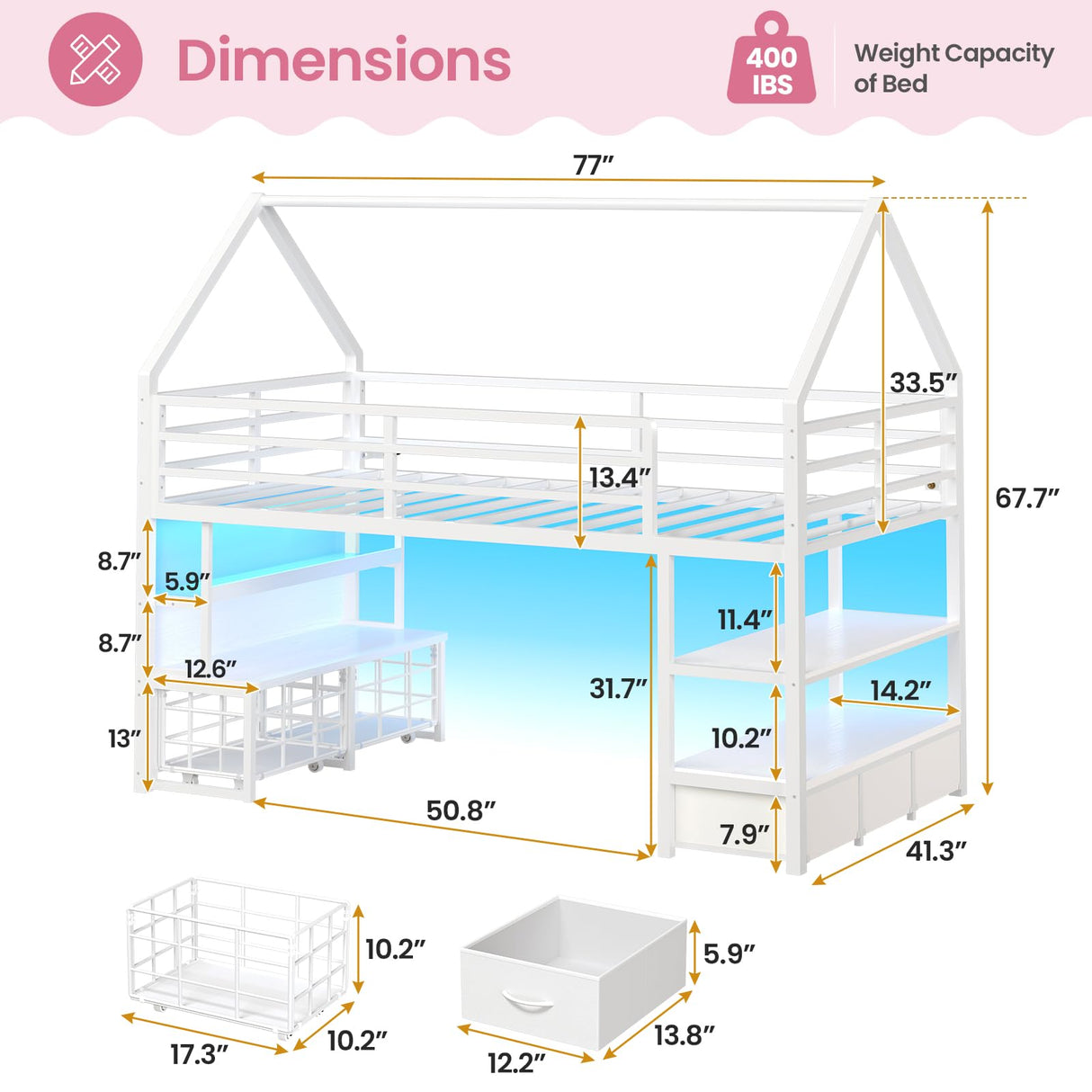 ADORNEVE Low Loft Bed Twin Size with 5 Storage Drawers, Twin Loft Bed with Bookcase & LED Lights, Open Storage Shelves, Metal House Bed with Safety Guardrail & Under-Bed Play Space for Kids, White ADORNEVE