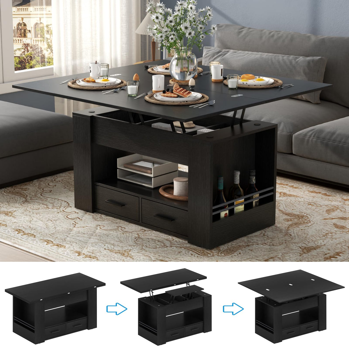 Lift Top Coffee Table, 4 in 1 Multi-Function Coffee Table with Storage Shelf and Hidden Compartment, Center Table with Large Drawers, Converts to Dining Table for Living Room, Home Office (Black) Gyfimoie