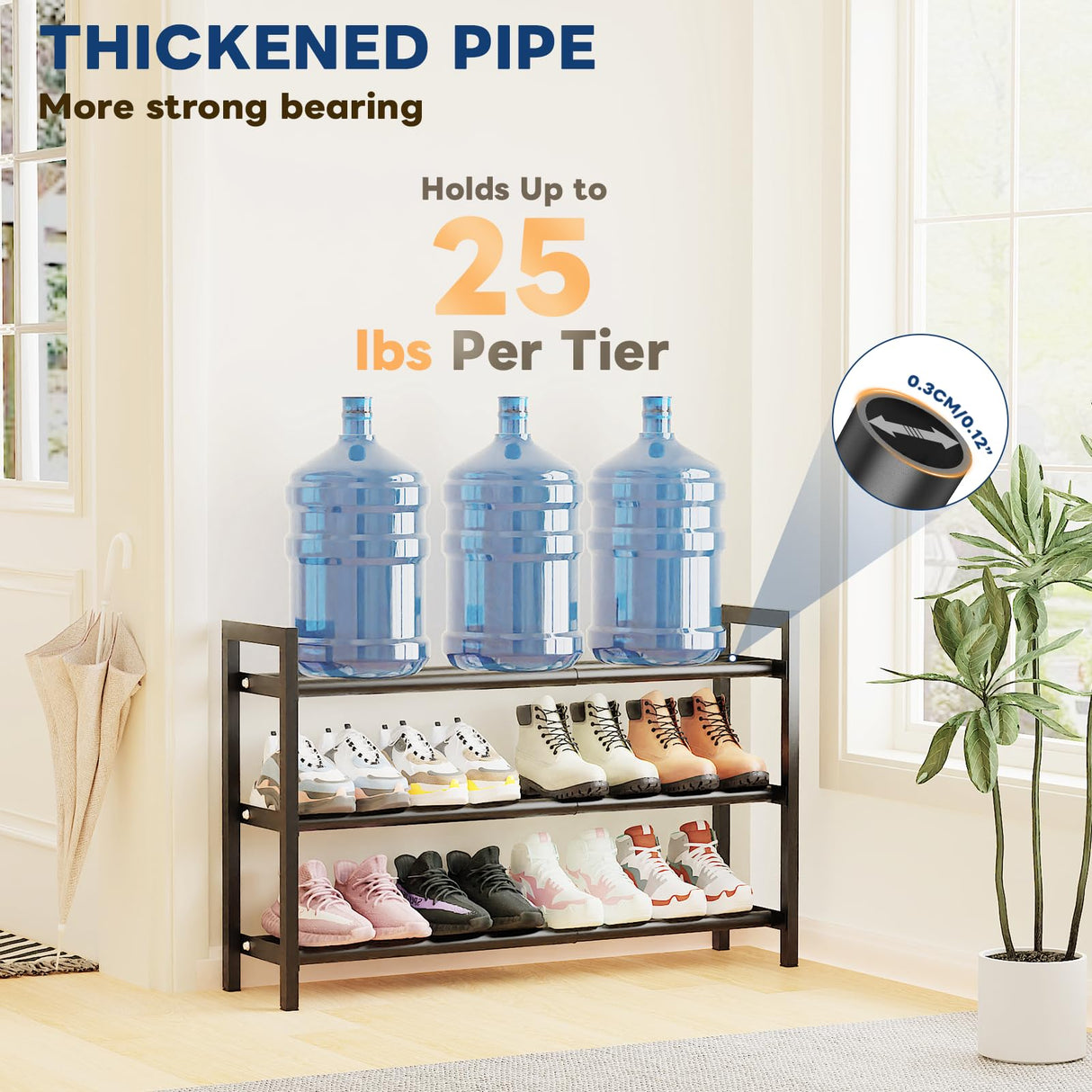 Mavivegue Expandable Shoe Rack for Closet, 3-Tier Shoe Organizer, Adjustable Shoe Rack for Front Door Entrance, Entryway Mavivegue