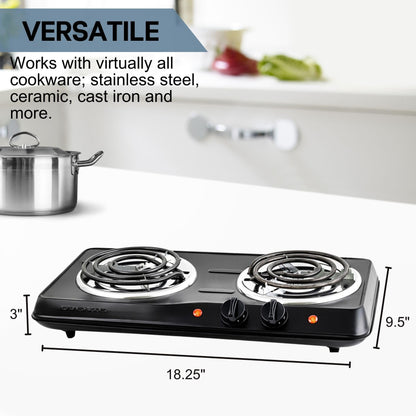 OVENTE Electric Countertop Double Burner, 1700W Cooktop with 6" and 5.75" Stainless Steel Coil Hot Plates, 5 Level Temperature Control, Indicator Lights and Easy to Clean Cooking Stove, Black BGC102B