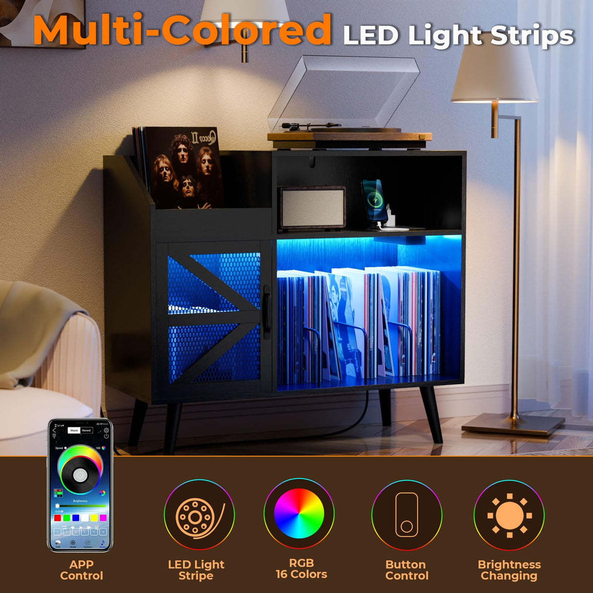 MULEJYBO Large Black Record Player Stand with Magnetic Door,350 Vinyl Record Storage Cabinet, Record Player Table with Power Outlet & LED Light,Turntable Stand with Wood Legs for Living Room,Office MULEJYBO