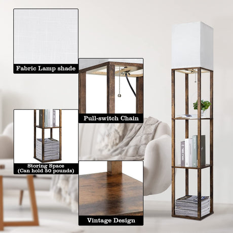 RUNTOP Floor Lamp with Shelves, Modern Shelf Lamp for Display Storage, 3 Color Temperature Wood Narrow Standing Corner Lamp with 8W Bulb for Living Room Decor, Bedroom, Office, Home Decor(Brown) RUNTOP