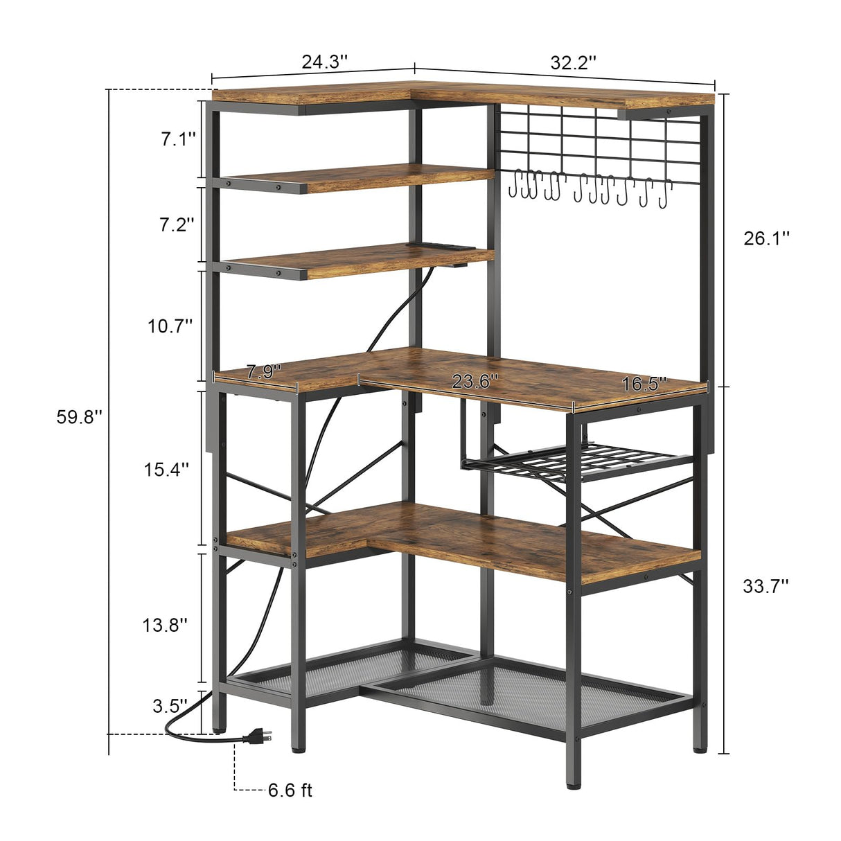 iabifo L-Shaped Bakers Rack with Power Outlet, 6-Tier Microwave Stand with Open Storage, Kitchen Shelf with Hooks, Coffee Bar with Wire Basket, Rustic Brown and Black iabifo