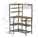 iabifo L-Shaped Bakers Rack with Power Outlet, 6-Tier Microwave Stand with Open Storage, Kitchen Shelf with Hooks, Coffee Bar with Wire Basket, Rustic Brown and Black iabifo